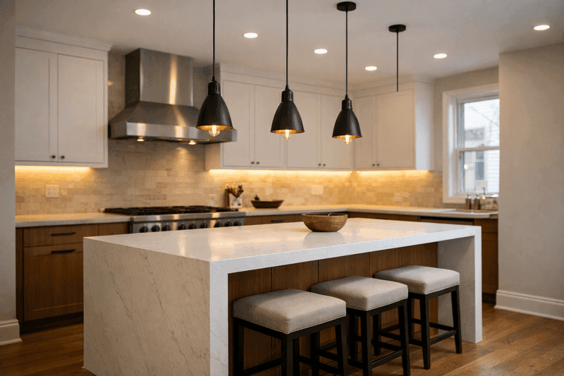 Recessed lighting, under-cabinet LEDs, and dimmer switches in renovated kitchen