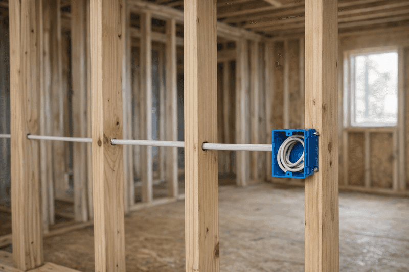 Rough-in electrical wiring in new home framing, ready for inspection