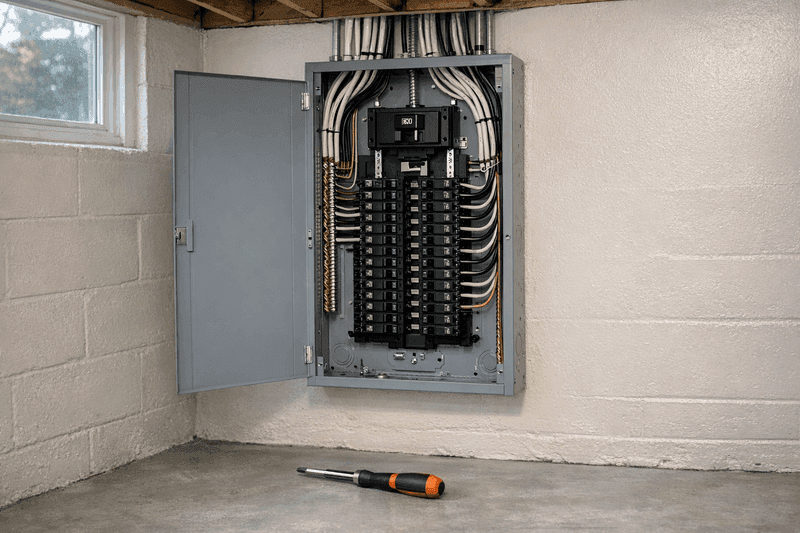 Modern breaker panel installation with new Romex wiring in updated kitchen
