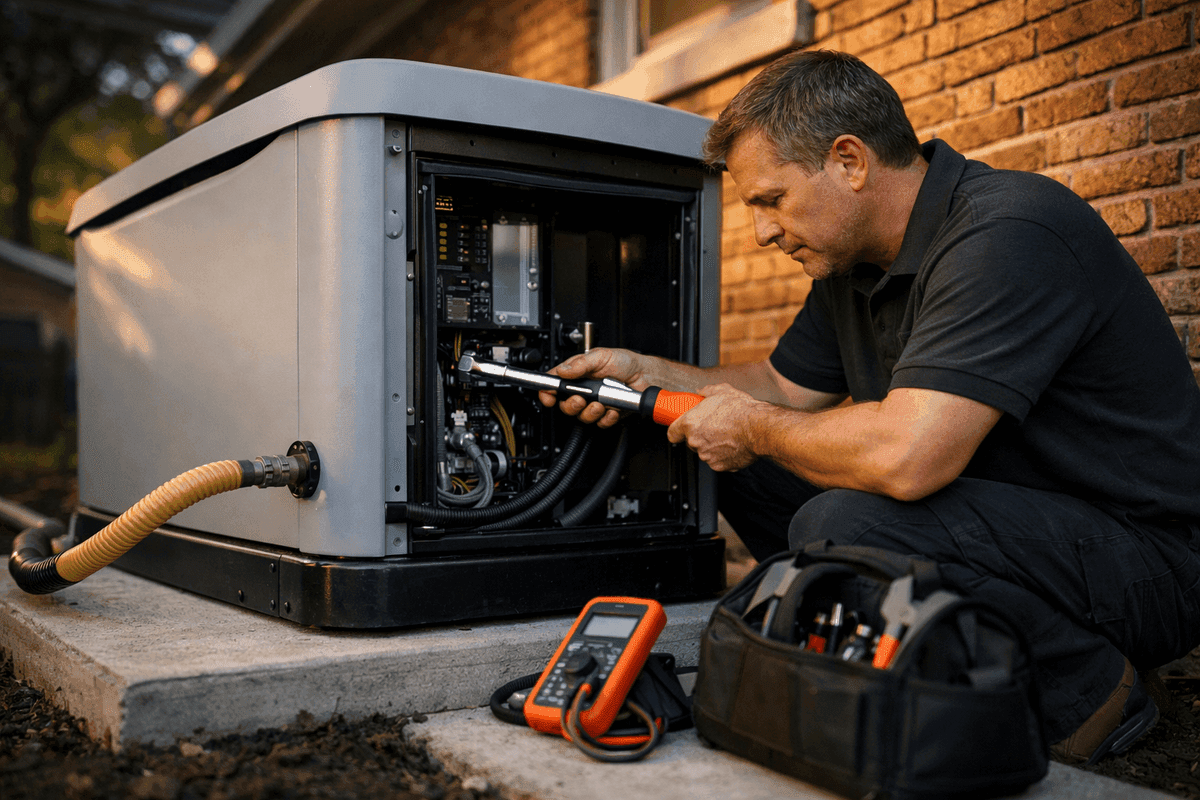 Kohler backup generator installed with gas line and automatic transfer switch